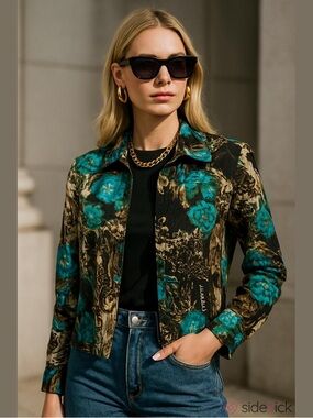 Baby Phat vintage blue turquoise brown floral cropped jacket with logo Sz S